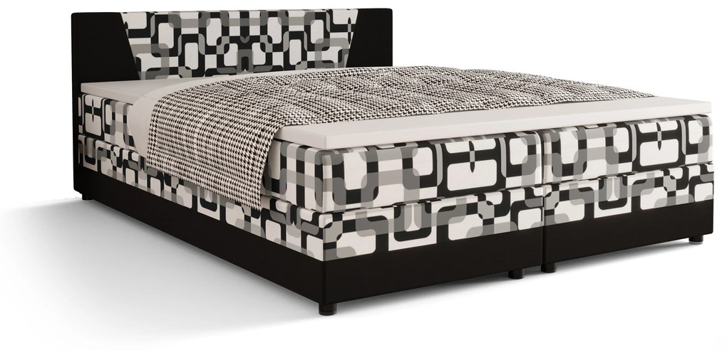Pat matrimonial Boxspring 140 cm Linda (motiv + Negru) (cu saltea și sp. depozitare). 1046624