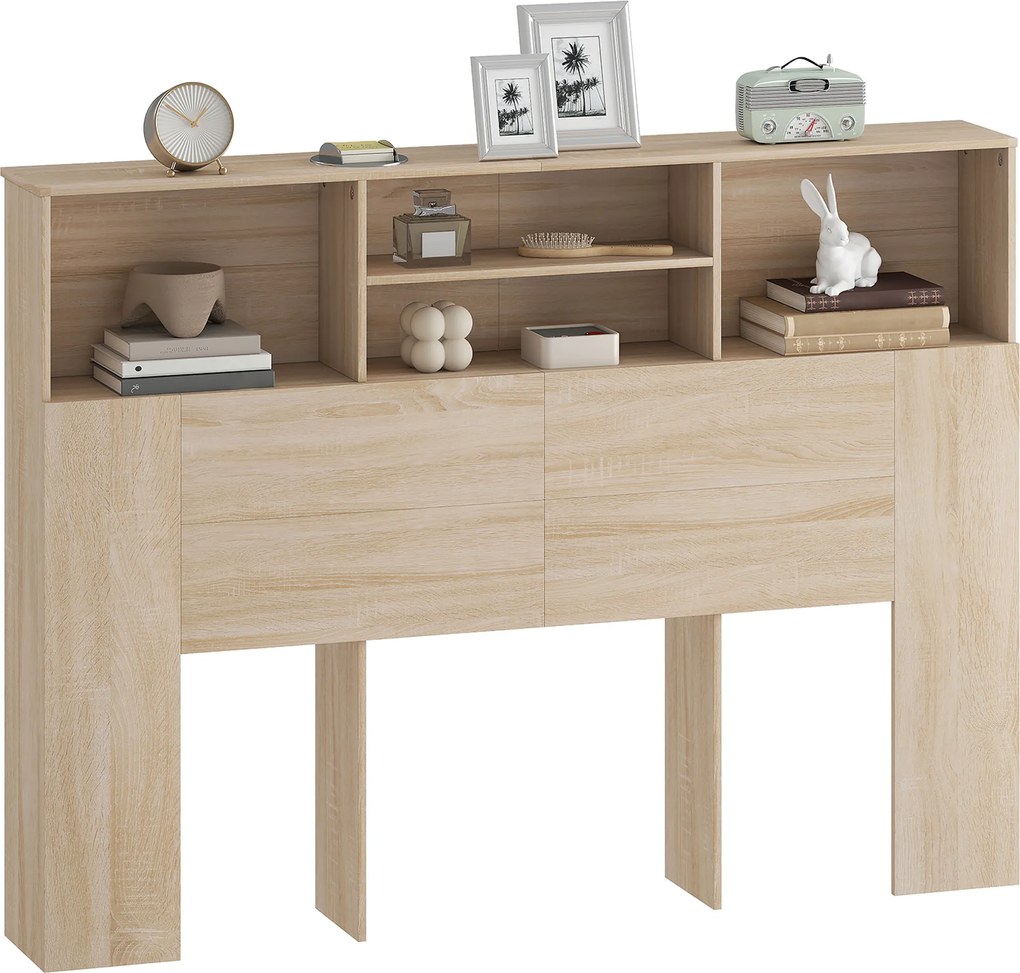 HOMCOM Tăblie pe picioare cu depozitare, accesoriu pentru pat cu 4 compartimente deschise, 140 x 19 x 103,5 cm, efect lemn natural | Aosom Romania