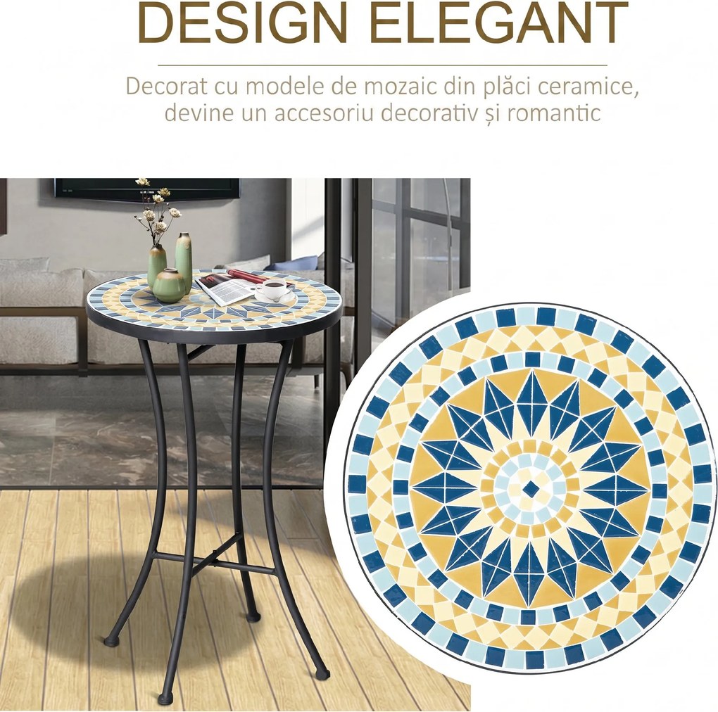 Outsunny Masuta de Gradina din Metal cu Blat din Mozaic Ceramic, Ф35.5x53.5cm, Multicolor | Aosom Romania