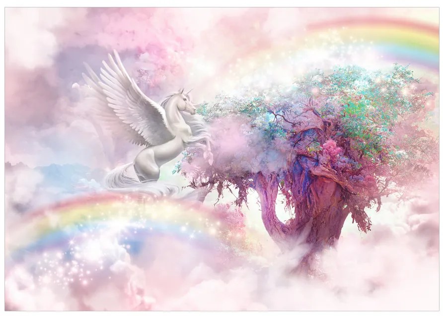 Fototapet - Licorn și copac magic - ținut roz și colorat în nori