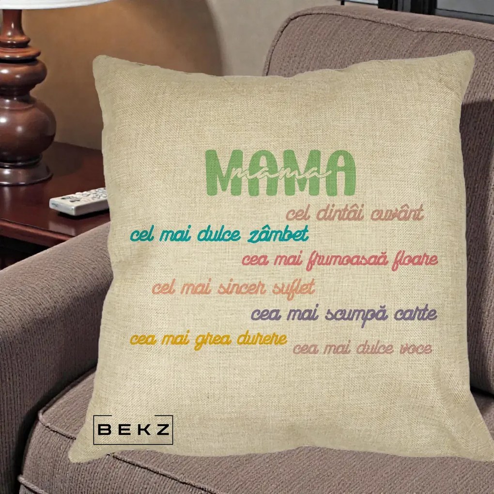Perna personalizata mama: Mama, cel dintai cuvant, text colorat, 40x40 cm cu Umplutura, Crem, BEKZ
