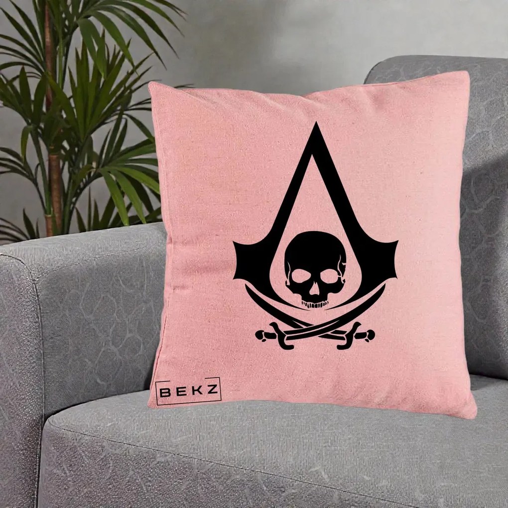 Perna Personalizata Assassin's Creed Black Flag Skull, 40x40 cm, Roz, Husa Detasabila, Perna Inclusa, BEKZ®