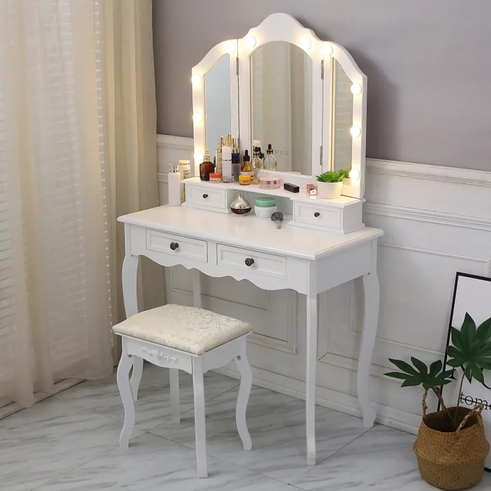 Set Aniela, Masă de toaletă cu 3 oglinzi iluminate LED, control touch, 4 sertare, scaun, Alb
