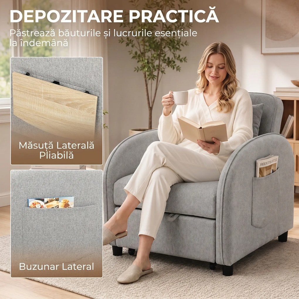 HOMCOM Fotoliu Extensibil 3 în 1 cu Spătar Reglabil, Tapițat din In și Lemn, 78x88x82 cm, Gri | Aosom Romania