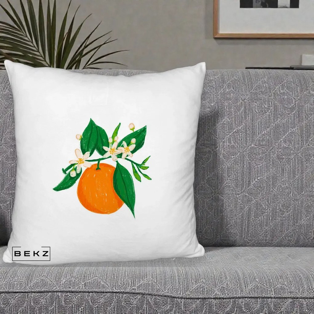 Perna Decorativa Portocala in Floare, 40x40 cm, Alb Pufos, Husa Detasabila, Perna Inclusa, BEKZ®