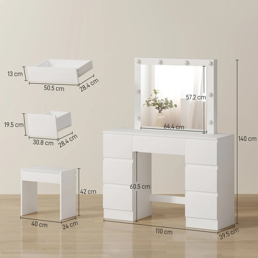 HOMCOM Masă de Machiaj cu Oglindă, 8 Lumini LED, Scaun și 7 Sertare Alb | Aosom Romania