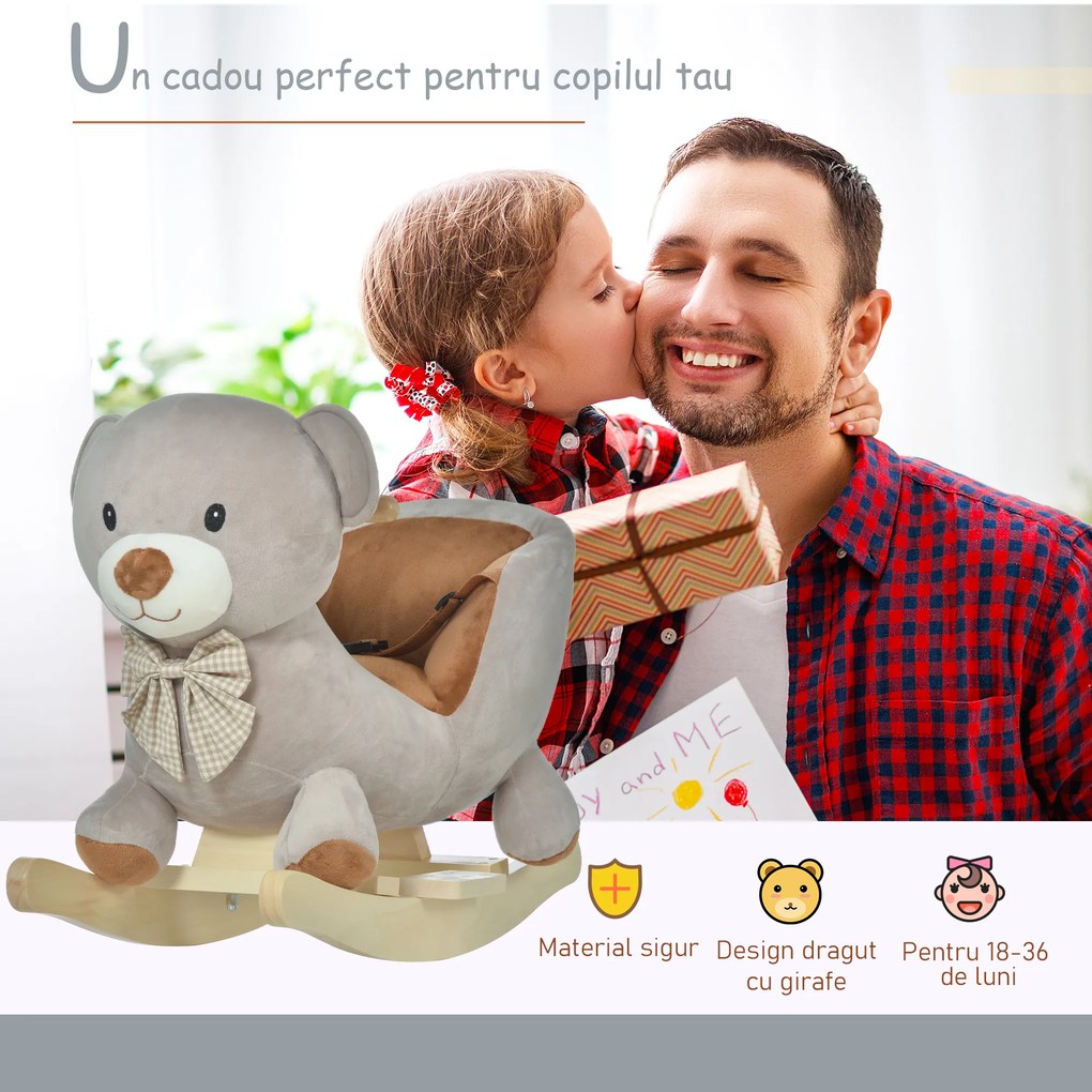 HOMCOM Cal tip Balansoar in Forma de Urs pentru Copii 18-36 luni Interactiv, Gri, 60x33x50cm | Aosom Romania