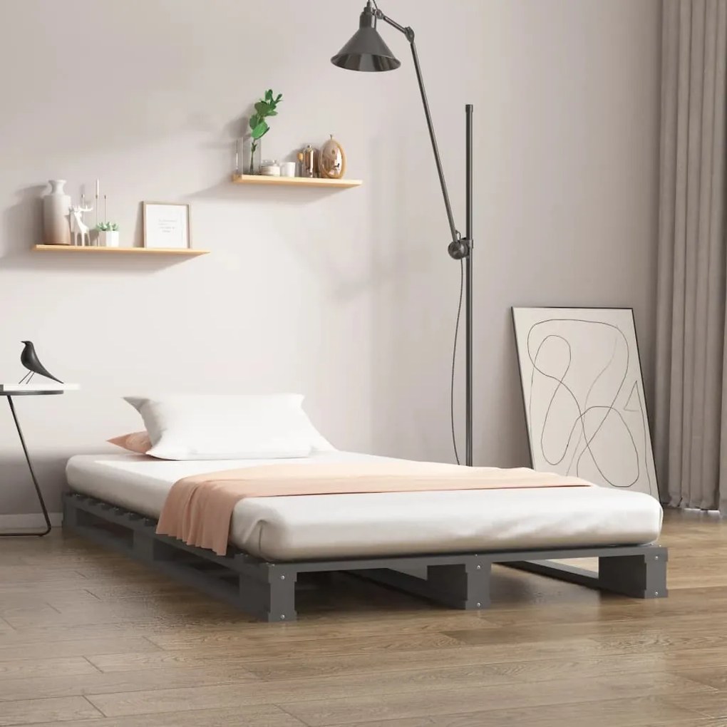 821424 vidaXL Pat din paleți Single 3FT, gri, 90x190 cm, lemn masiv de pin