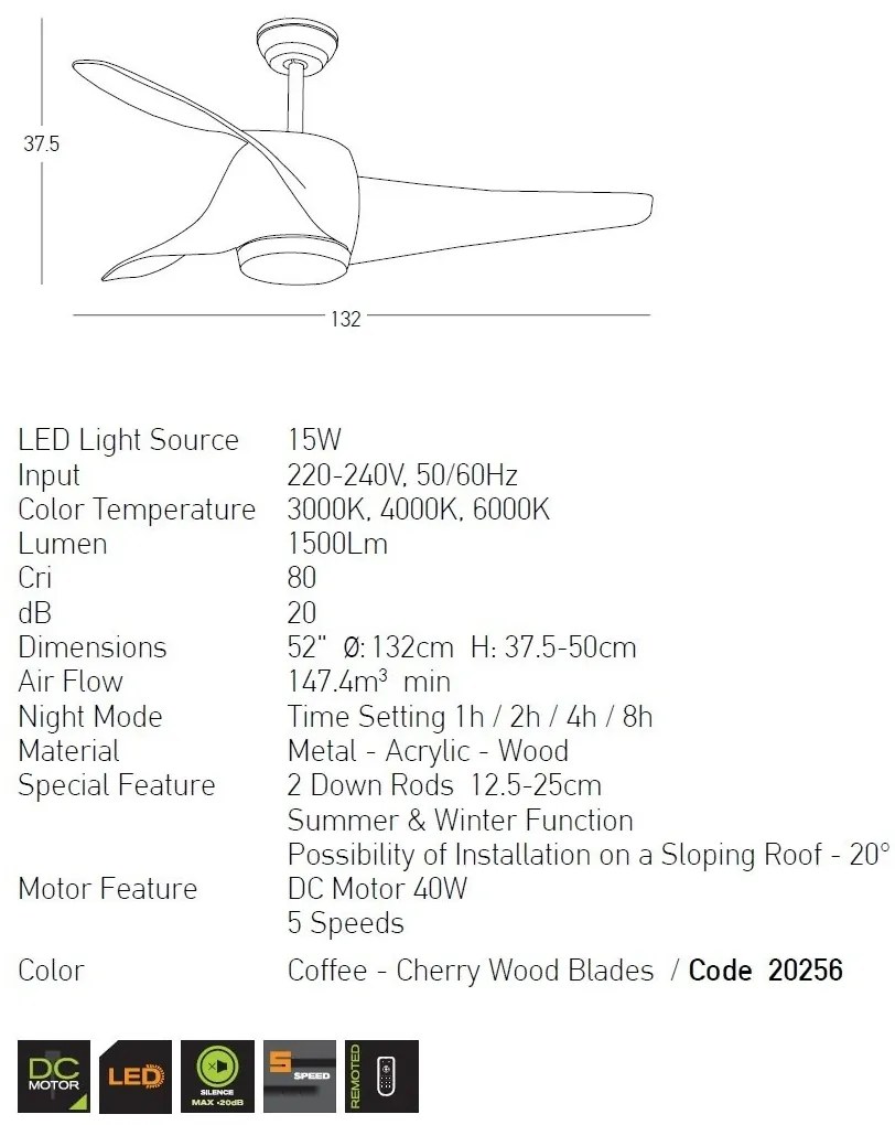 Lustra LED cu Ventilator si telecomanda Ruth cafeniu/lemn cires