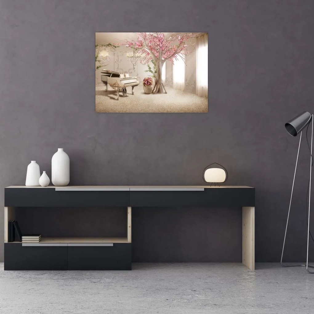 Tablou pe sticlă - Interior de vis cu pian (70x50 cm)