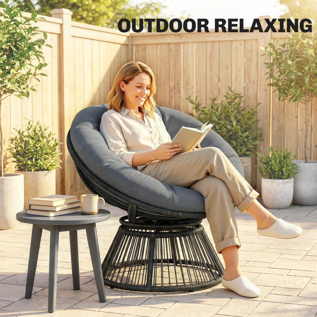 Outsunny Scaun Papasan rotativ 360° Fotoliu din coș cu pernă Cadru din oțel Fotoliu rotund din ratan Loungesessel Gri | Aosom Romania