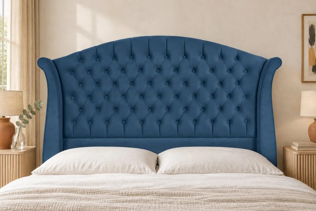 Pat tapițat Chesterfield din catifea Sorella Simple 160×200 cm, albastru, cu ladă de depozitare