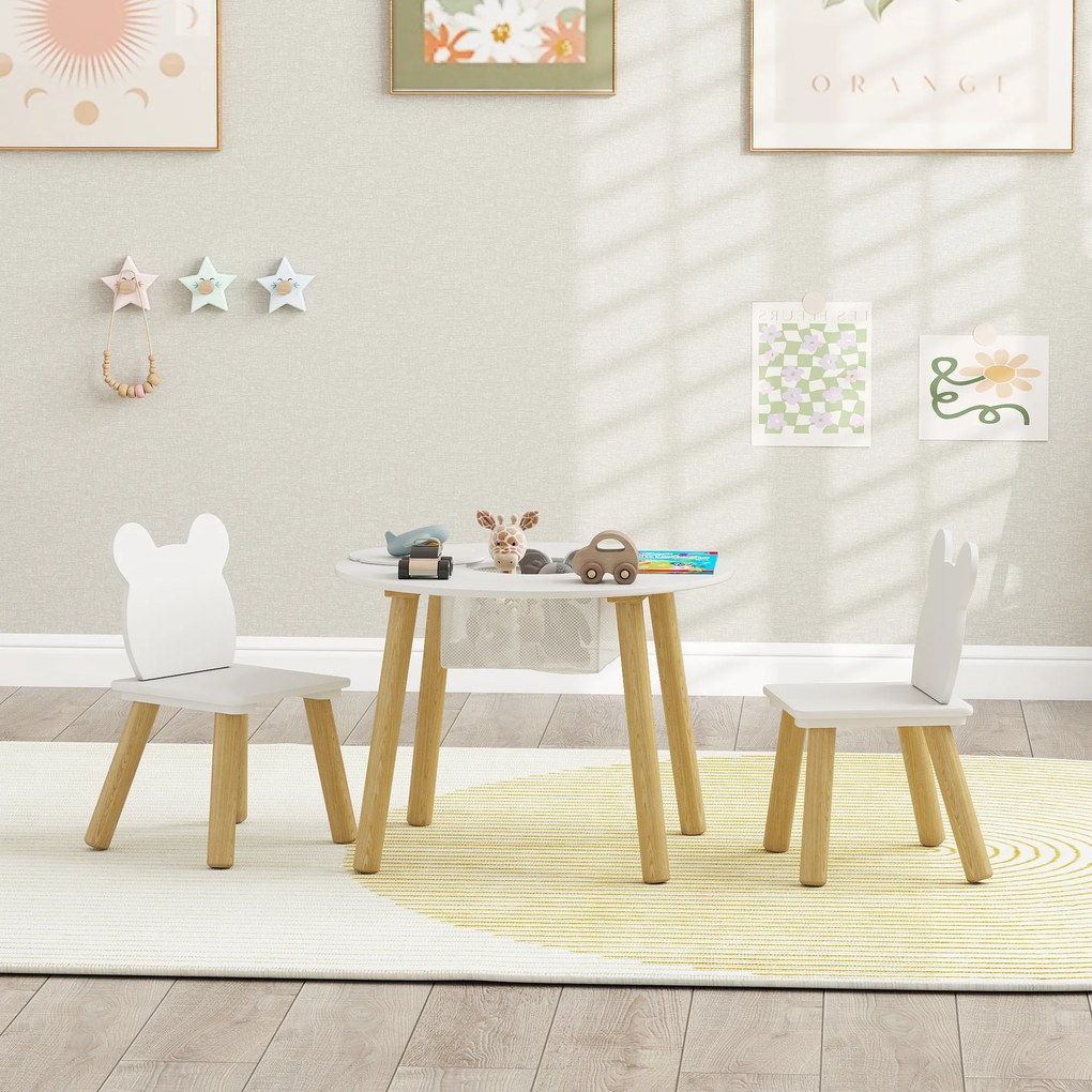 AIYAPLAY Set 1 masă rotundă, 2 scaune pentru copii, 3 piese, spătar în formă de urs, activități, activități creative, mese, 3-6 ani | Aosom Romania