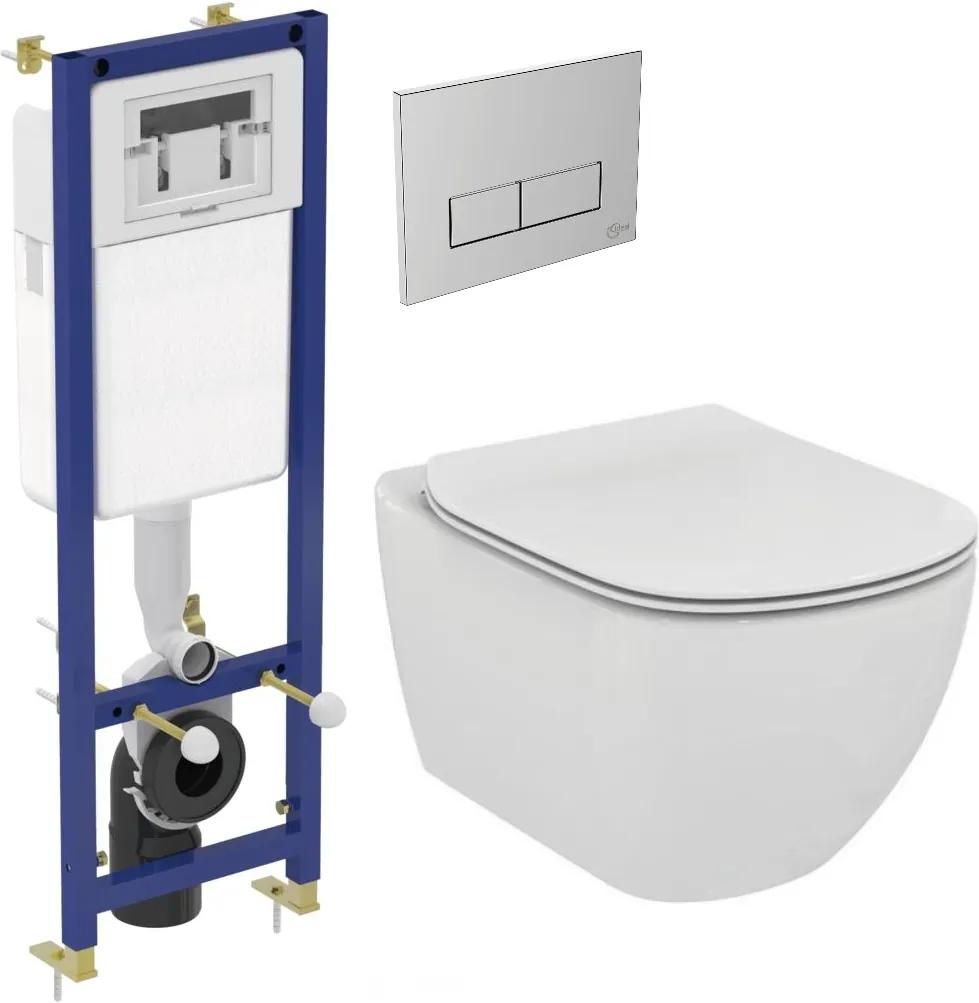 Set vas WC suspendat Ideal Standard Tesi Aquablade, capac inchidere lenta si rezervor incastrat cu clapeta crom