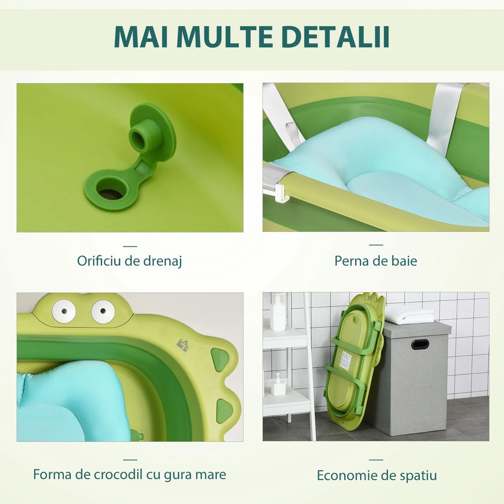 Cadita de Baie Plianta pentru Copii 0-3 Ani cu Perna Ajustabila Albastru deschis si Picioruse Antiderapare, 80x53.9x20.8cm Verde HOMCOM | Aosom RO