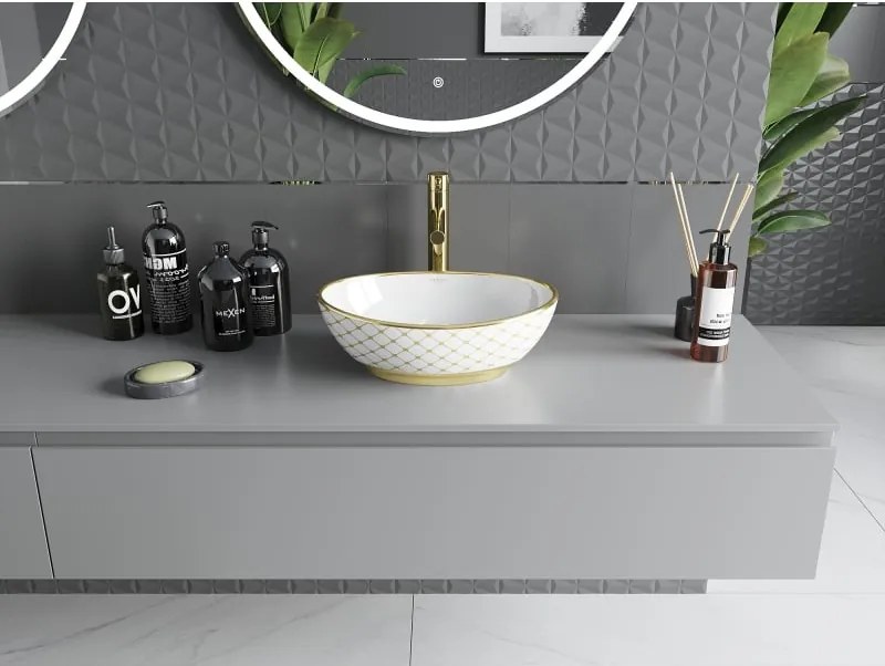 Mexen Elza chiuvetă pe blat 40 x 33 cm, albă/model de grilaj auriu - 21014009