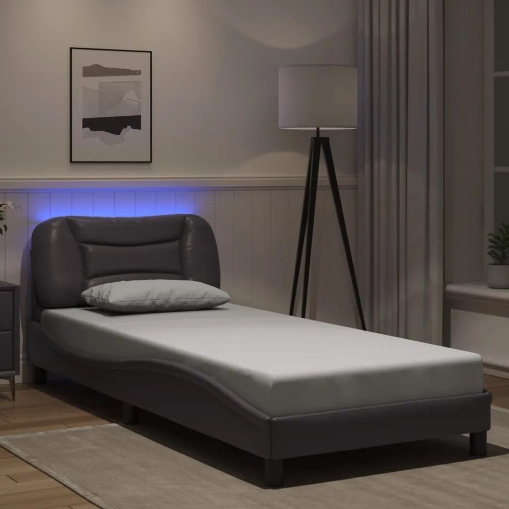 vidaXL Cadru de pat cu lumini LED, gri, 80x200 cm, piele ecologică
