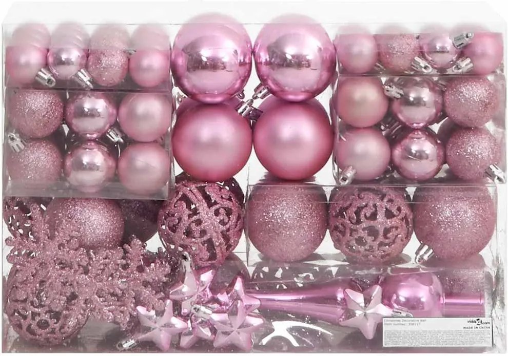 vidaXL Set globuri de Crăciun 111 buc., roz, polistiren