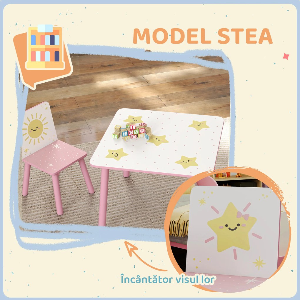 AIYAPLAY Set de 3 piese cu masă și scaune pentru copii, Masă cu 2 scaune pentru dormitor, grădiniță, sală de jocuri, Roz | Aosom Romania