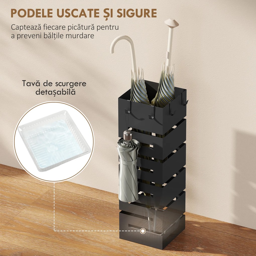 HOMCOM Suport pentru Umbrele Metalic cu 4 Cârlige și Tavă de Colectare a Picăturilor, Neagră | Aosom Romania