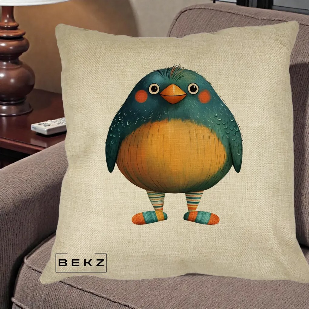 Perna Decorativa Pasare Teal cu Sosete Dunghi, 40x40 cm, Crem, Husa Detasabila, Perna Inclusa, BEKZ®