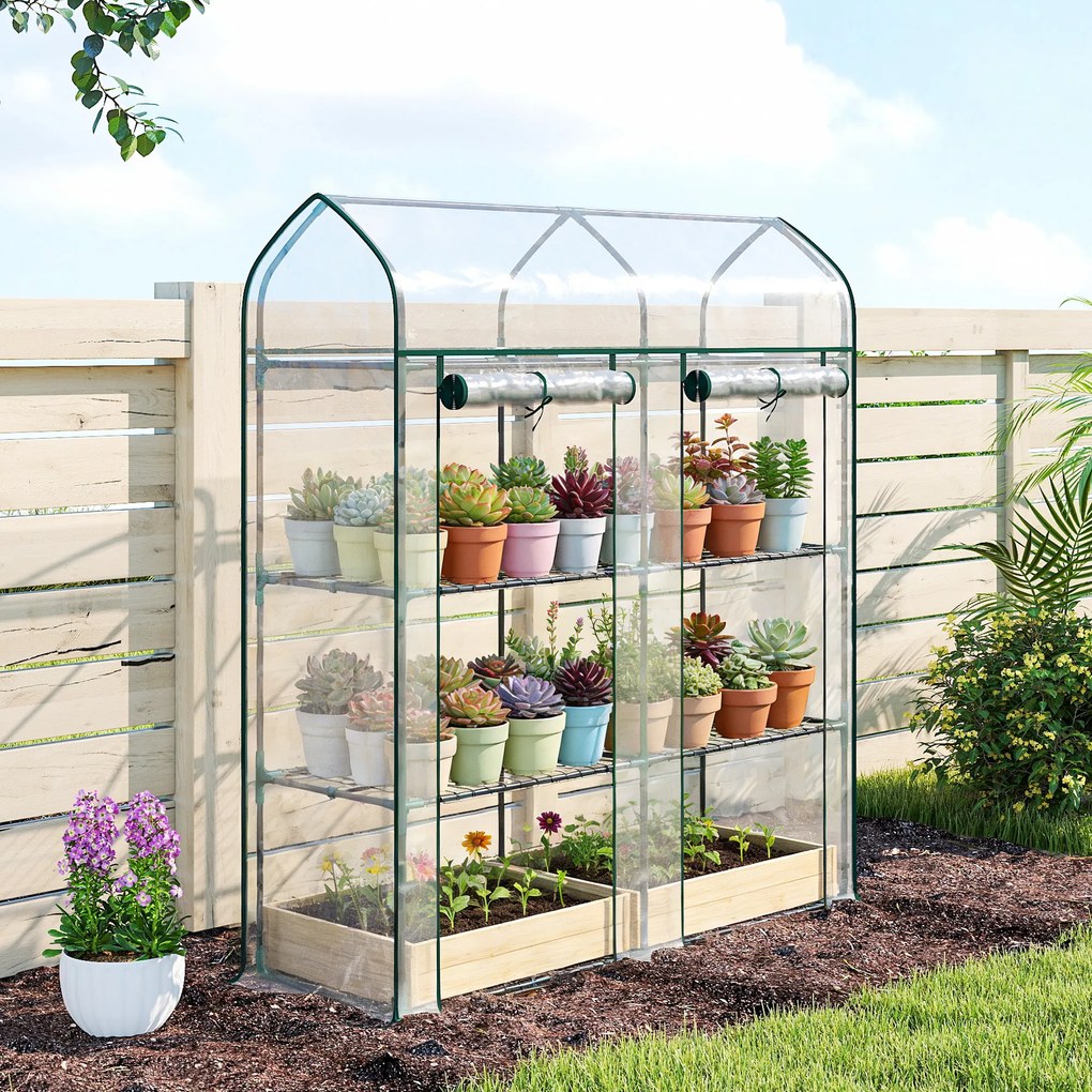 Outsunny Seră pentru Balcon cu 3 Rafturi și 2 Uși Rulabile, Cadru din Oțel și Husă PVC, 143x46x165 cm, Transparentă | Aosom Romania