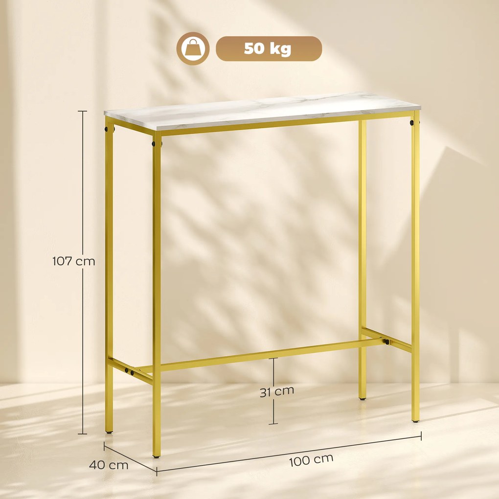 HOMCOM Masă de bar rectangulară cu blat cu aspect de marmură și cadru din oțel, 100 x 40 x 107 cm, aurie | Aosom Romania