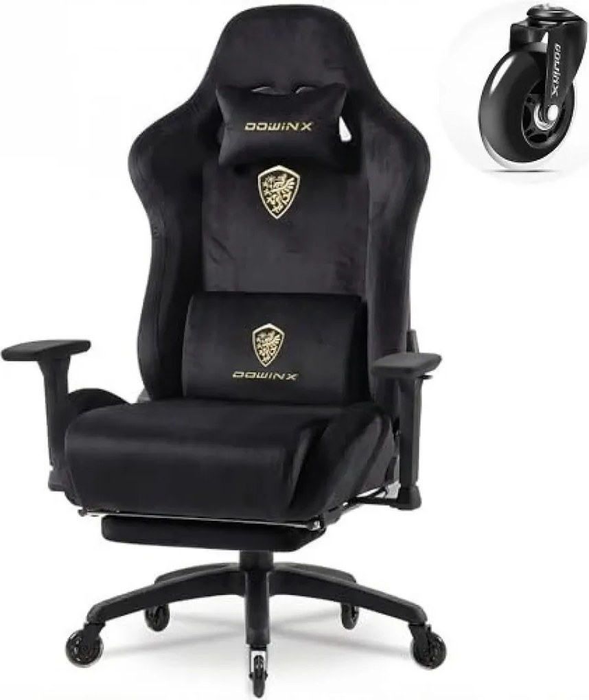 DOWINX 68A - Scaun Gaming Ergonomic, Extra-Lat și Construcție Heavy-Duty, Masaj in perna lombara, Material Textil respirabil, Suport picioare, Roti Silicon, Rezistent 150 kg, Negru