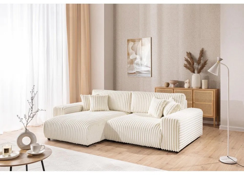 Colțar crem extensibil, cu spațiu de depozitare, cu tapițerie din catifea reiată (cu colț pe partea stângă) Sarina – Ropez