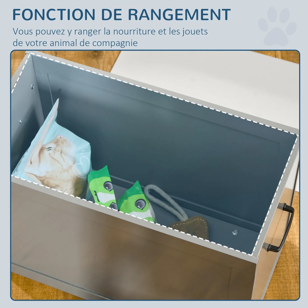 PawHut Boluri ridicate pentru câini bol dublu câine pisică Suport pentru boluri ridicat dim. 60L x 30W x 41H cm 2 boluri 2L mânere compartiment lemn gri | Aosom Romania