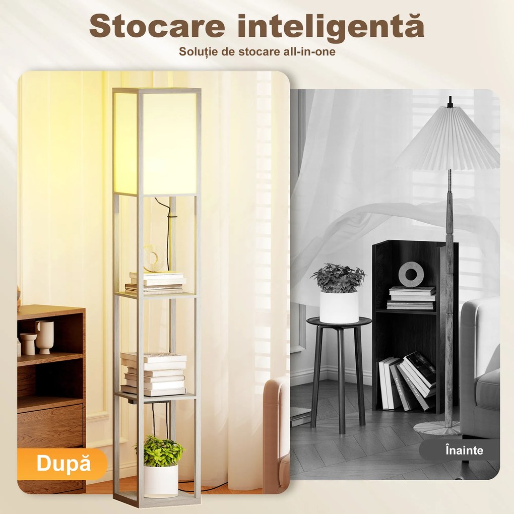 HOMCOM Lampă de Podea LED cu Rafturi, Lampă Modernă cu Comutator cu Pedală și Porturi USB, Lumină cu Culori Reglabile pentru Living și Dormitor, Stejar | Aosom Romania
