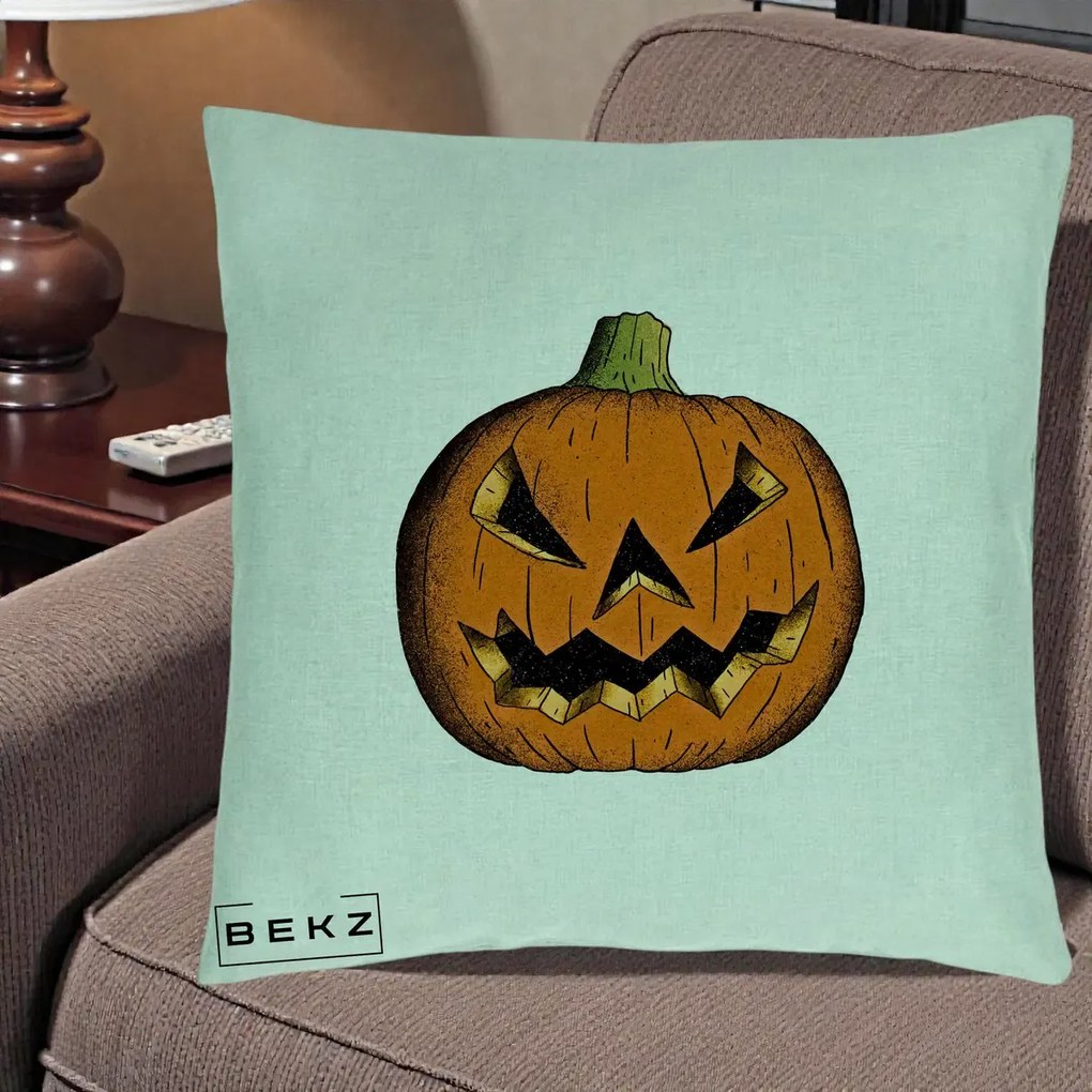 Perna Decorativa Halloween Dovleac Portocaliu Clasic, 40x40 cm, Verde Menta, Husa Detasabila, Perna Inclusa, BEKZ®