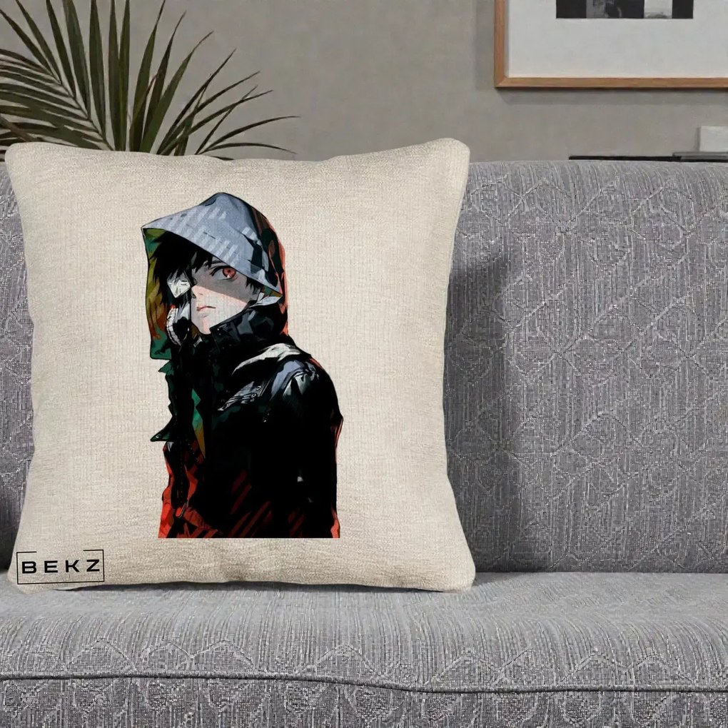 Perna Personalizata Tokyo Ghoul Ken Kaneki cu Masca si Gluga, 40x40 cm, Bej Canapea, Husa Detasabila, Perna Inclusa, BEKZ®