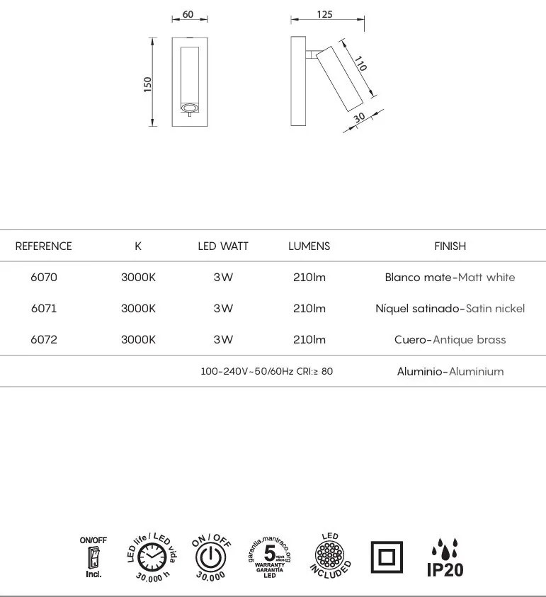 Aplica de perete cu reader LED, Tarifa alb MA-6070