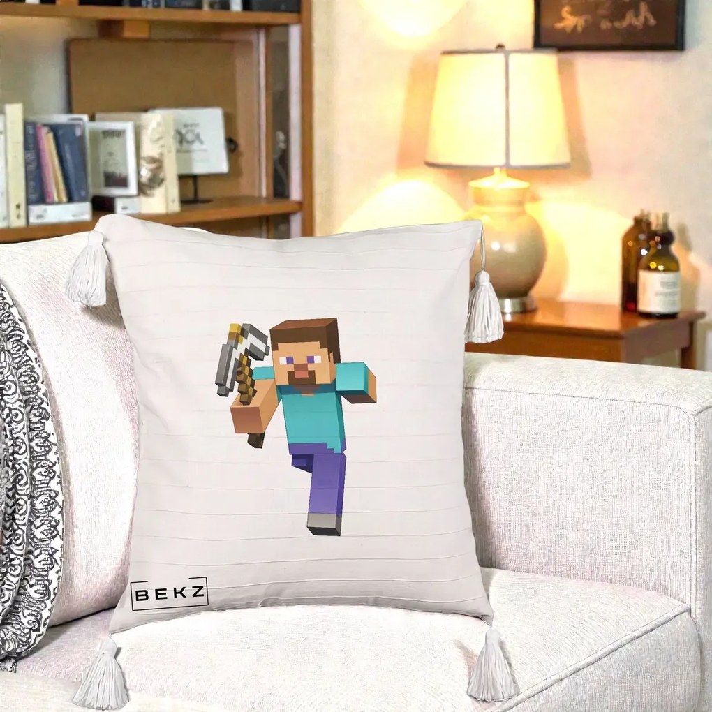 Perna Personalizata Minecraft Steve, 40x40 cm, Bej cu Franjuri, Husa Detasabila, Perna Inclusa, BEKZ®