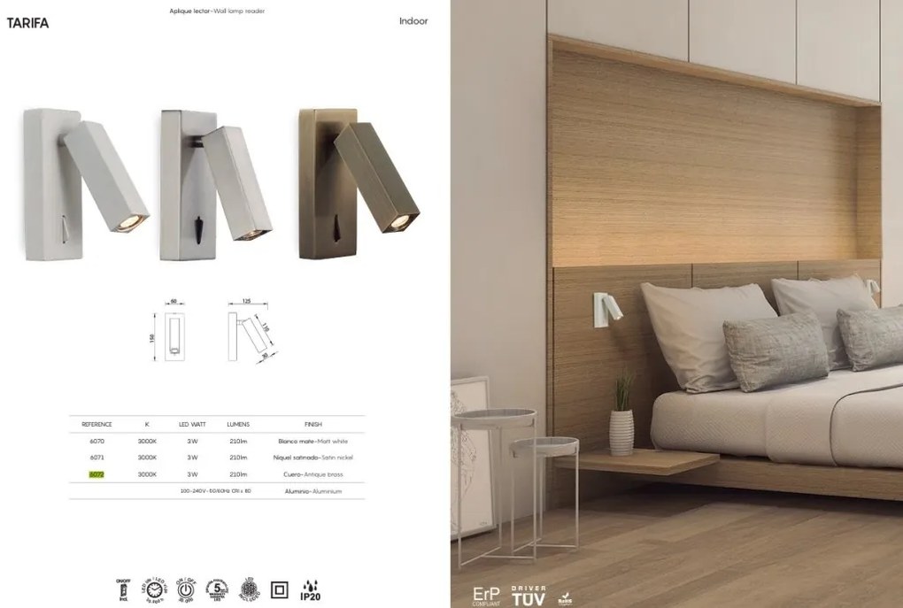 Aplica de perete cu reader LED, Tarifa alama antic MA-6072