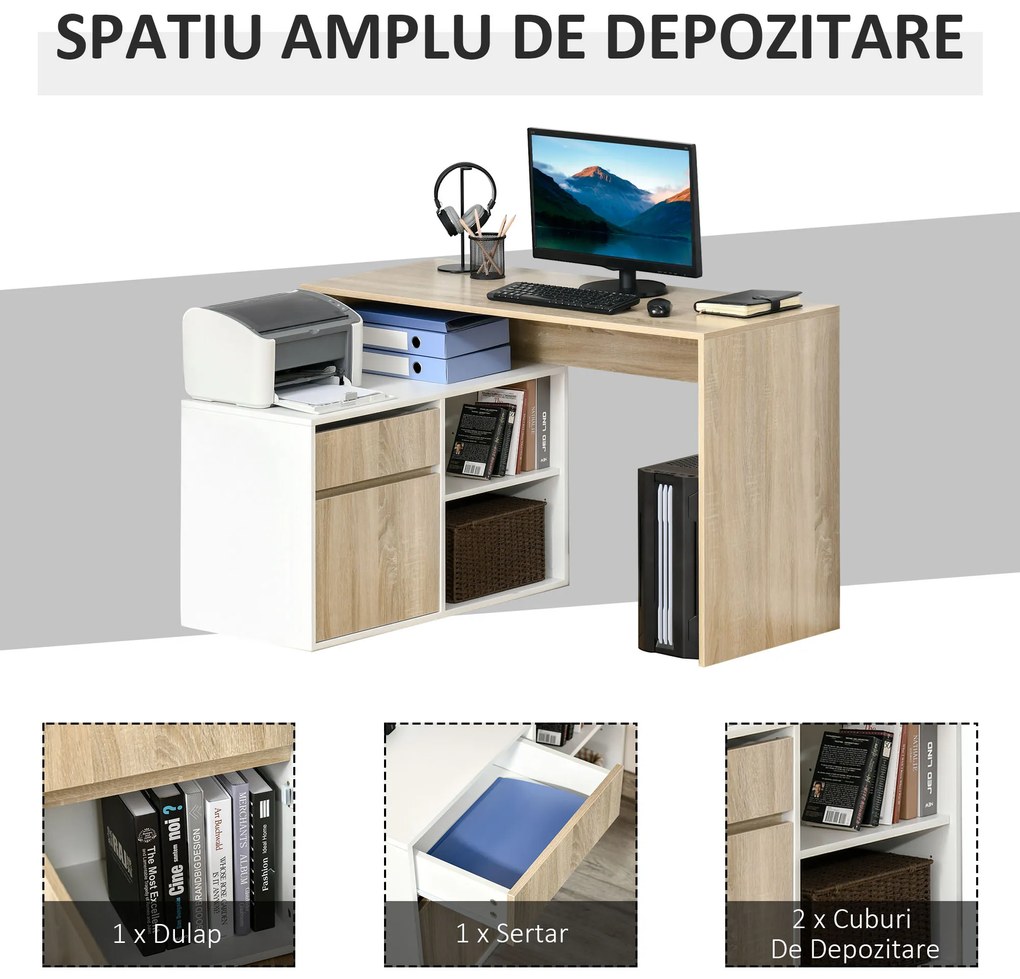 Birou unghiular din lemn cu un sertar, un dulapior si doua rafturi deschise, din PAL 120x92x75.5cm HOMCOM | Aosom Romania