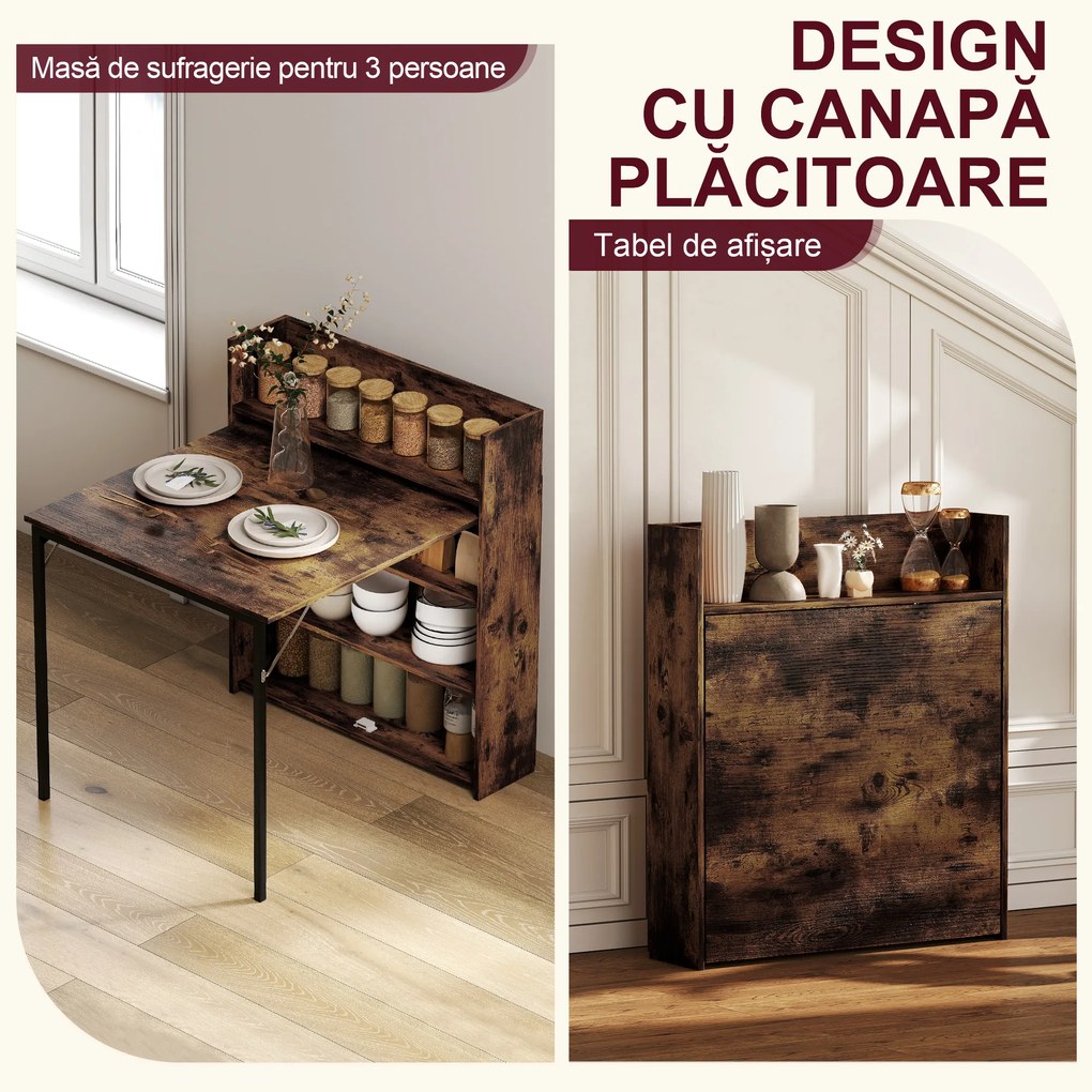HOMCOM Masă pliabilă cu raft, design industrial, economisire de spațiu, pentru spații mici, 80x90x93cm, Maro-Rustic | Aosom Romania