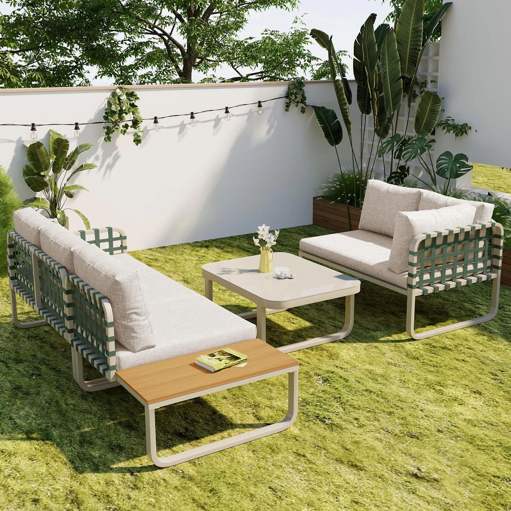 Set de mobilier de grădină Lounge 4-5 locuri, Set de mobilier de grădină din piele verde și ratan cu masă din sticlă securizată, Culoare caise