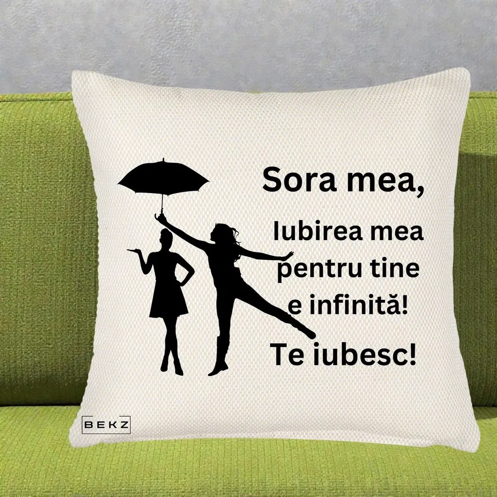 Cadou pentru Sora - Perna Personalizata Sora Mea Te Iubesc Siluete Negre cu Umbrela, 40x40 cm, Crem Reliefat, Husa Detasabila, Perna Inclusa, BEKZ®
