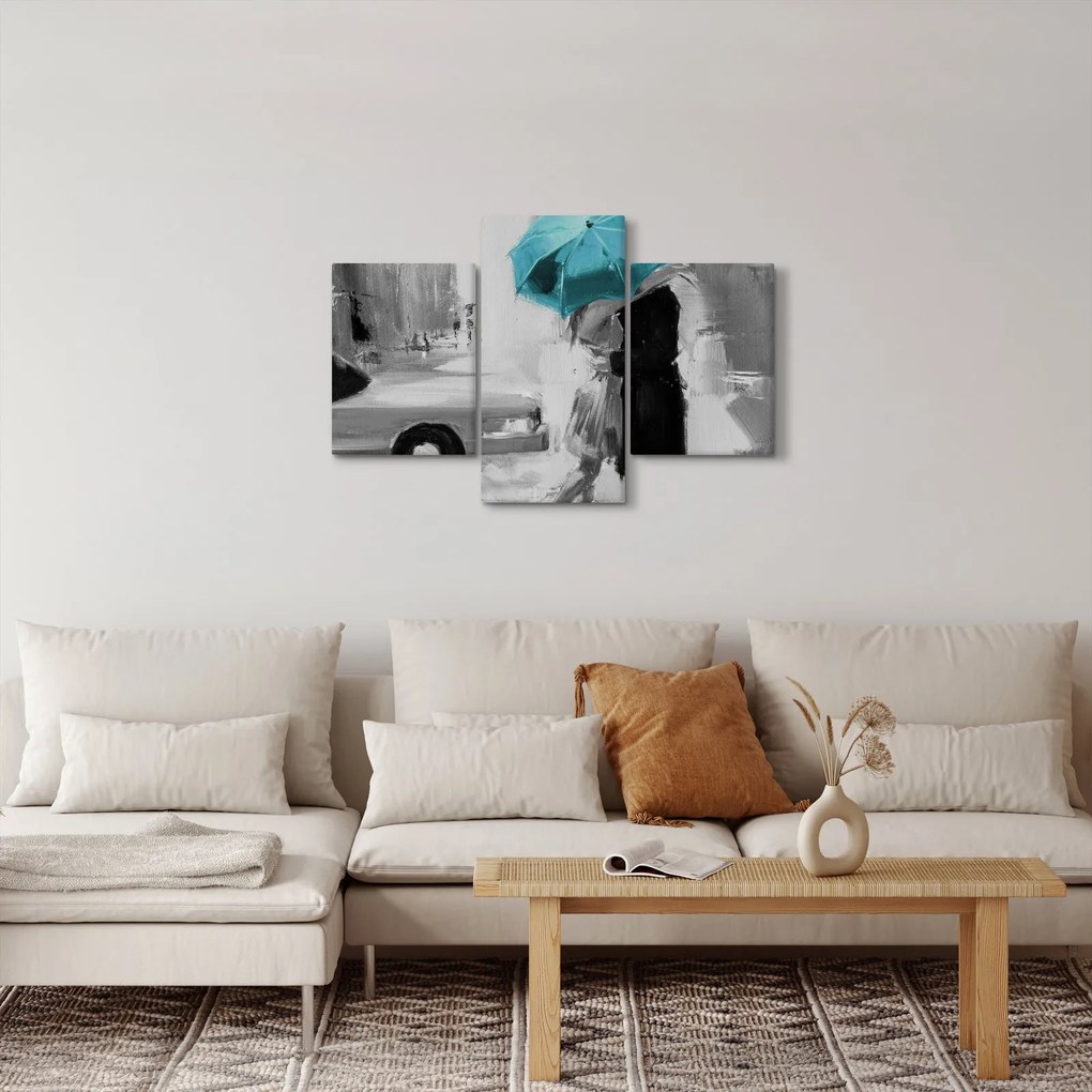 Tablou - Cuplu în dragoste cu umbrelă, albastru (90x60 cm)