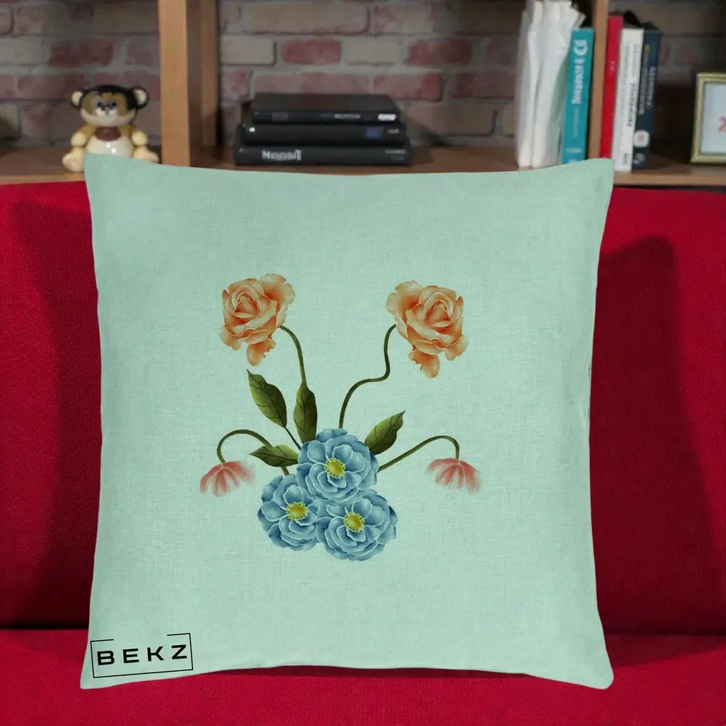 Perna Decorativa Trandafiri si Bujori Acuarela, 40x40 cm, Verde Menta, Husa Detasabila, Perna Inclusa, BEKZ®