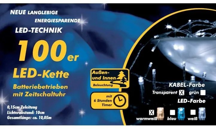 Lanț LED de Crăciun - 10 m, 100 diode, alb cald