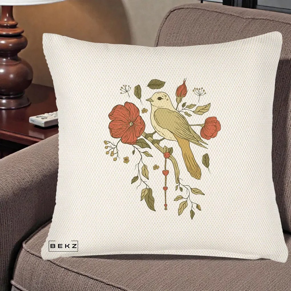 Perna Decorativa Pasare pe Ramura cu Maci, 40x40 cm, Crem Reliefat, Husa Detasabila, Perna Inclusa, BEKZ®