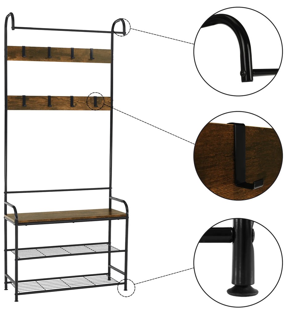 Raft pentru pantofi, lemn rustic şi metal negru / MDF, KELAM