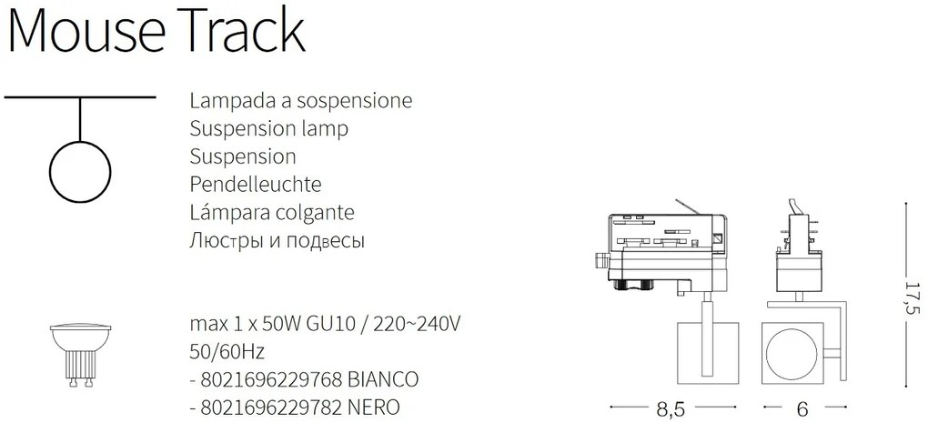 Spot directionabil pentru sina Link MOUSE TRACK NERO 229782 IDL