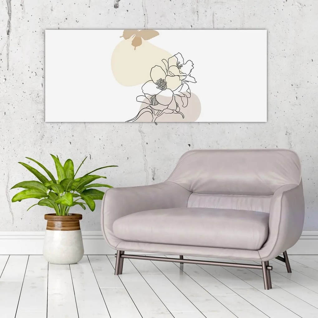 Tablou - Flori bej cu fluture N⁰3 (120x50 cm)