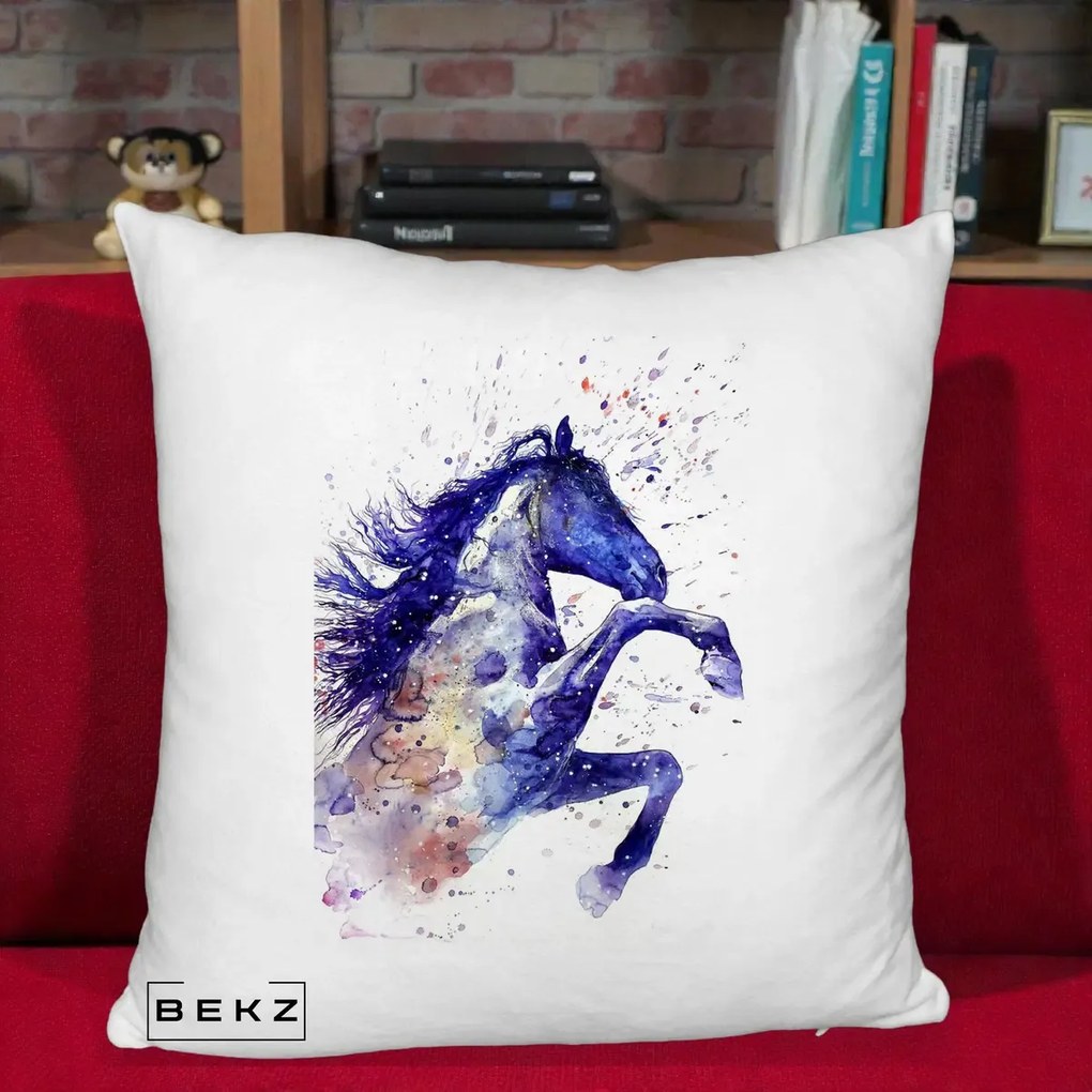 Perna Decorativa Cal Albastru Acuarela, 40x40 cm, Alb Pufos, Husa Detasabila, Perna Inclusa, BEKZ®