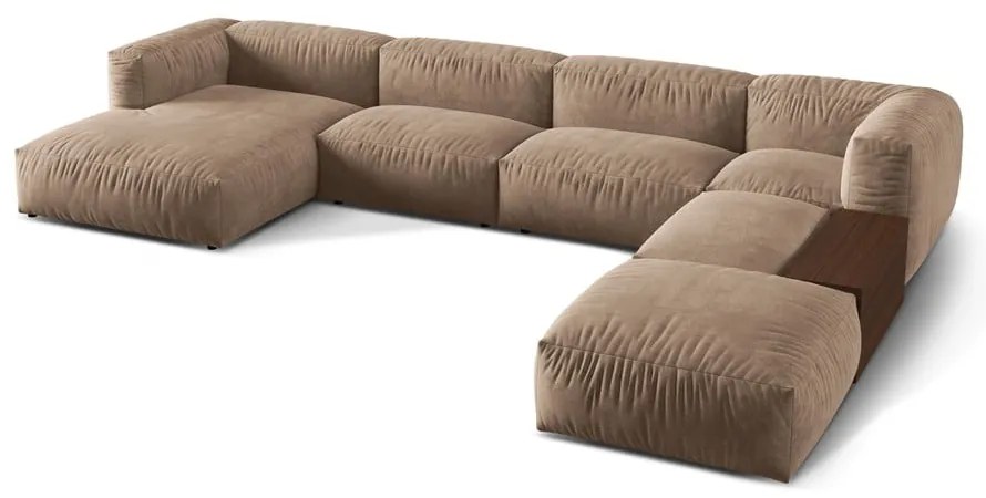 Colțar modular maro deschis cu tapițerie din catifea (cu colț pe partea dreaptă/în formă de "U") Martina – Micadoni