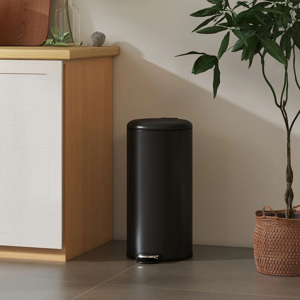 HOMCOM Coș de gunoi 30 L cu pedală și capac, recipient interior, funcție soft-close 36 x 30 x 63,5 cm, negru | Aosom Romania